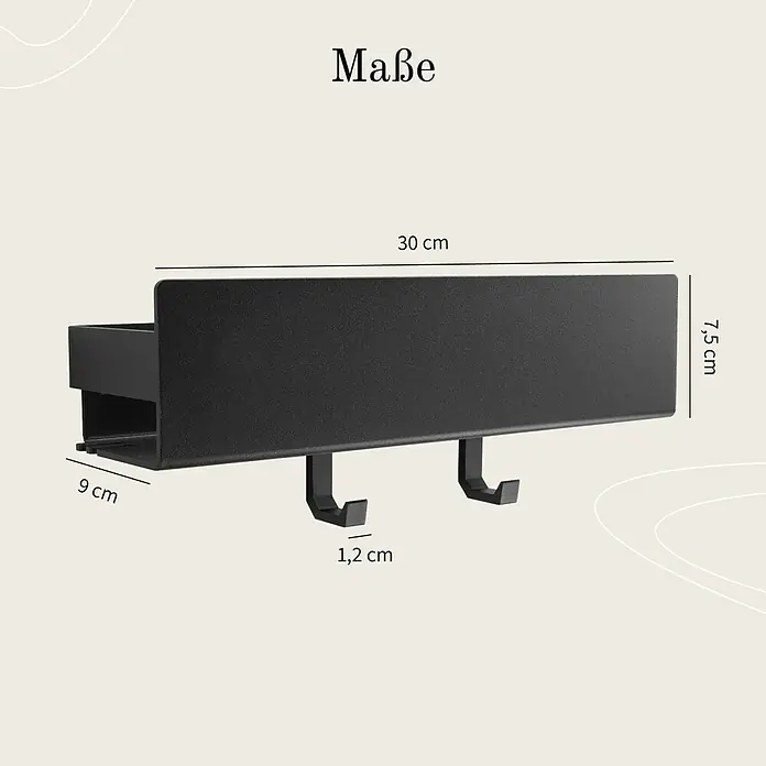 Designfabrik Hamburg Duschablage - Breite: 30 cm, Schwarz, Eloxiert - Abbildung einer schwarzen Wandgarderobe mit Ablage und Haken, versehen mit Maßangaben zu Länge, Breite und Tiefe.