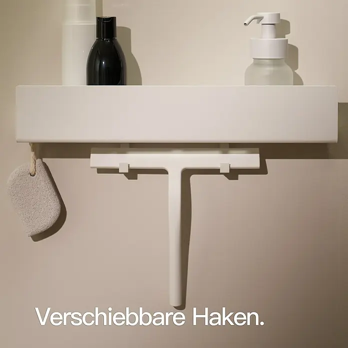 Designfabrik Hamburg Duschablage - Breite: 42 cm, Weiß, Pulverbeschichtet - Wandregal mit verschiebbaren Haken für Badutensilien wie Seife, Duschgel und einem Bimsstein. Praktische Aufbewahrungslösung für das Badezimmer.