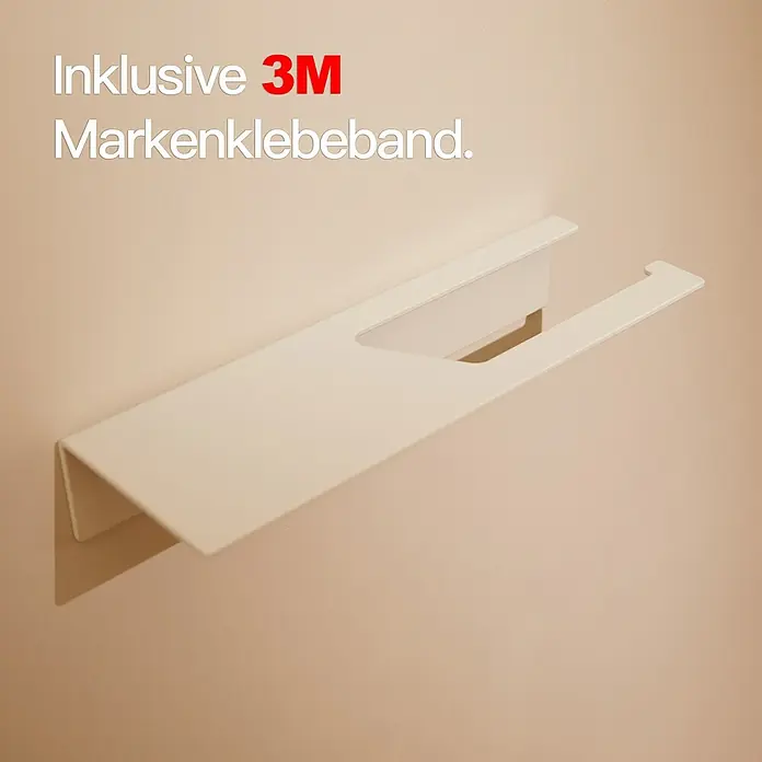 Designfabrik Hamburg Toilettenpapierhalter - Mit Ablage, Weiß, Matt - Produktbild einer weißen Wandhalterung inklusive 3M Markenklebeband zur einfachen Montage.