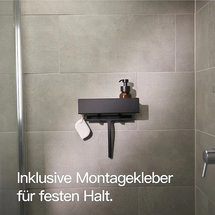 Designfabrik Hamburg Duschablage - Breite: 30 cm, Schwarz, Eloxiert - Wandmontierter Duschabzieher mit Ablage für Badutensilien und inklusive Montagekleber für sicheren Halt.