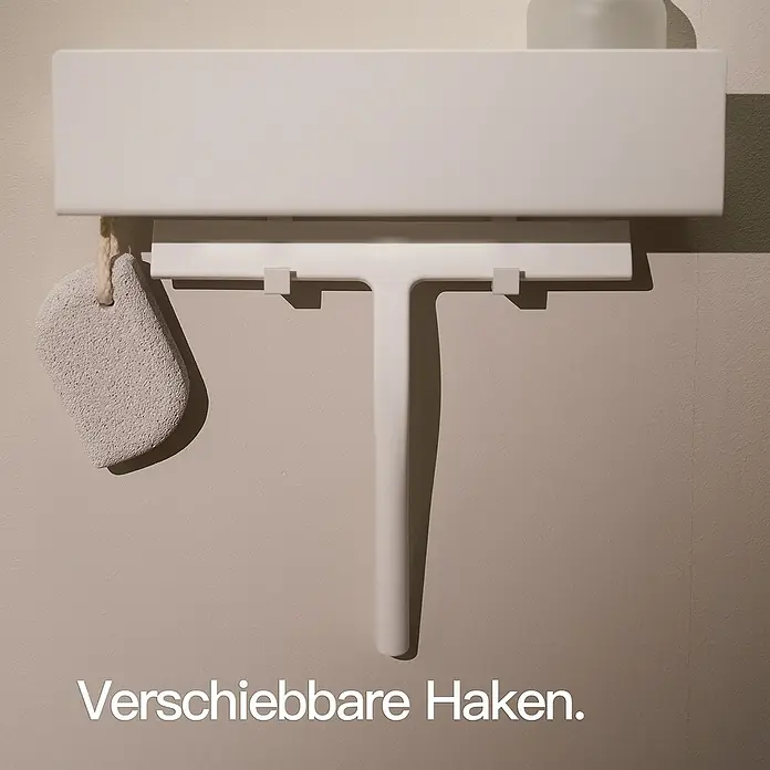 Designfabrik Hamburg Duschablage - Breite: 30 cm, Weiß, Pulverbeschichtet - Duschabzieher mit verschiebbaren Haken und Bimsstein zur praktischen Aufbewahrung im Badezimmer.