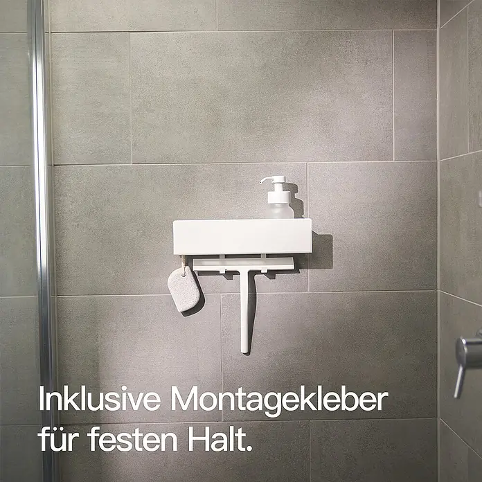Designfabrik Hamburg Duschablage - Breite: 30 cm, Weiß, Pulverbeschichtet - Wandhalterung mit Abzieher, Bimsstein und Seifenspender für Duschutensilien. Inklusive Montagekleber für festen Halt im Badezimmer.