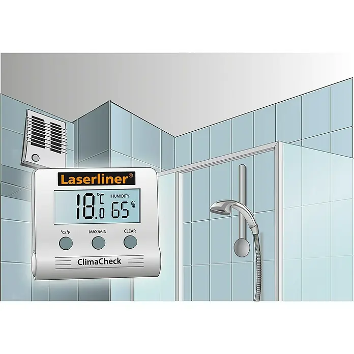 Laserliner Hygrometer - Messbereich Luftfeuchtigkeit: 20 % - 99 % - Abbildung eines Laserliner ClimaCheck-Thermo-Hygrometers, das Temperatur und Luftfeuchtigkeit in einem Badezimmer anzeigt.