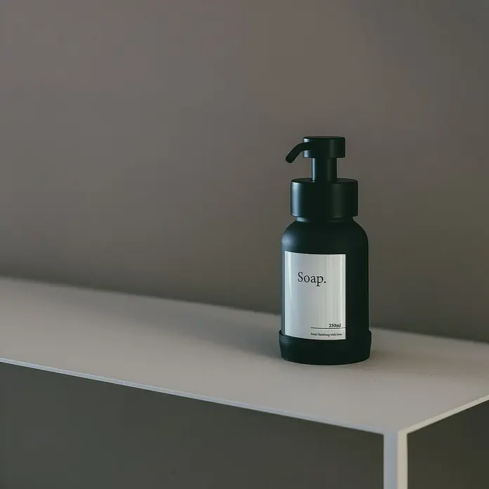 Designfabrik Hamburg Seifenspender - Edelstahl, Schwarz/Schwarz beschichtetes Glas - Nahaufnahme einer schwarzen Seifenflasche mit weißem Etikett, die auf einem weißen Regal steht. Das Etikett ist mit "Soap." beschriftet.