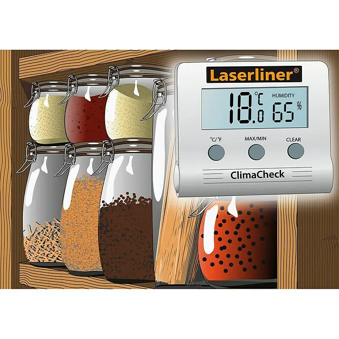Laserliner Hygrometer - Messbereich Luftfeuchtigkeit: 20 % - 99 % - Abbildung des Laserliner ClimaCheck Hygrometers zur Überwachung von Temperatur und Luftfeuchtigkeit in einem Vorratsschrank.