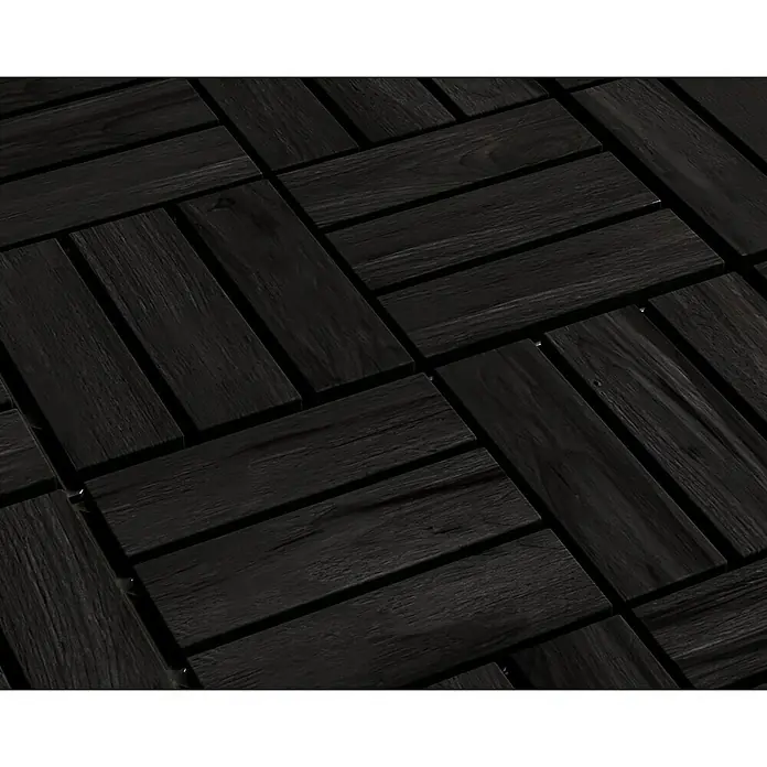 Klickfliese - Akazie, 30 x 30 x 2 cm, Dunkelgrau, 5 Stk. - Nahaufnahme von ineinandergreifenden dunklen Holzterrassenfliesen, die ein elegantes und modernes Bodenmuster erzeugen. Ideal für stilvolle Außenbereiche.