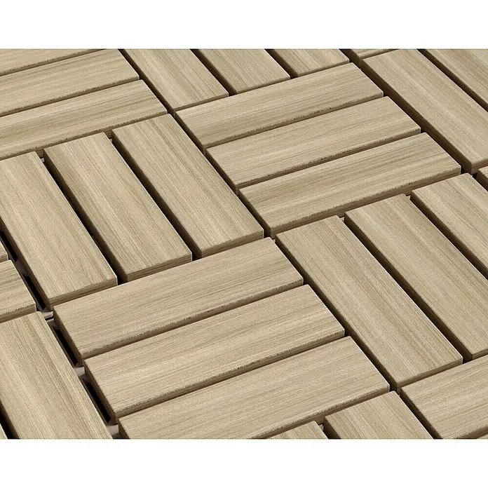 Klickfliese - Akazie, 30 x 30 x 2 cm, Beige, 5 Stk. - Nahaufnahme von hellbraunen Terrassendielen, die ein attraktives Fischgrätmuster bilden. Ideal für stilvolle und pflegeleichte Außenbereiche.