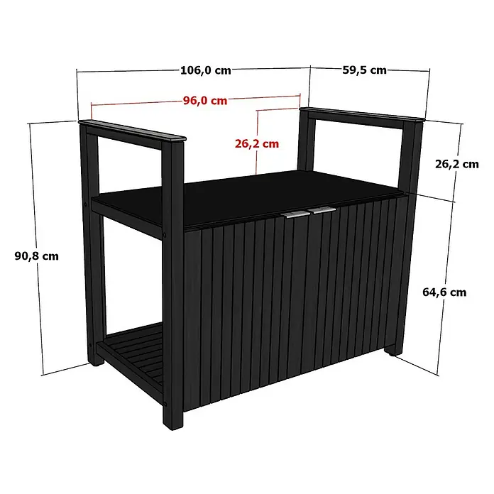Kingstone Outdoorküche - 6 -tlg., Teakholz, Keramik, Schwarz - Holzbank mit Stauraum und Regalen. Die Bank hat eine dunkle Farbe und bietet praktischen Stauraum.