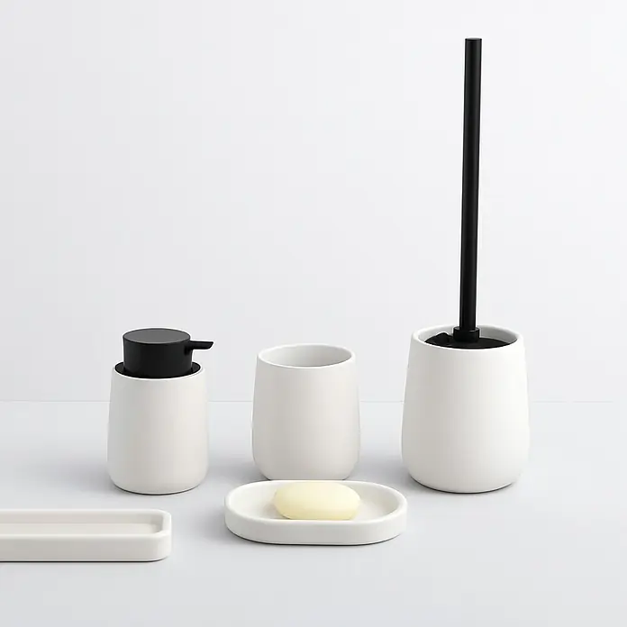 MSV Maonie Portacepillos - Ø x Al: 8,5 x 10 cm, Cerámica, Blanco - Juego de accesorios de baño blancos que incluye un dispensador de jabón, vaso, jabonera y escobilla de baño para un baño elegante.