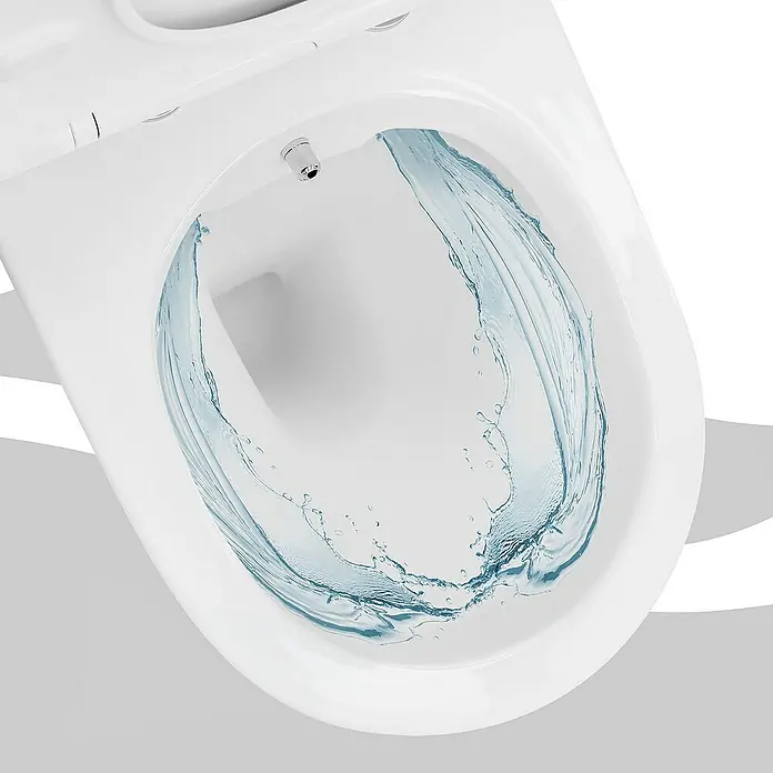 LuxeBath Wand-WC kurz Weiß mit Bidet Funktion Toilettensitz Duroplast - Spülrandlos, Spülform: Tief, WC Abgang: Waagerecht, Weiß - Nahaufnahme einer spülenden, randlosen Toilette in Weiß, die ein modernes und hygienisches Design für jedes Badezimmer zeigt.