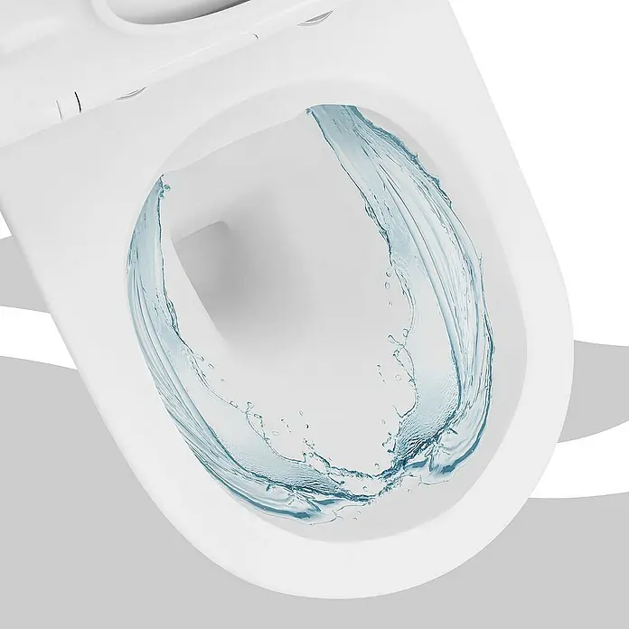 LuxeBath Wand-WC Weiß mit Nano Beschichtung lang Lotus Effekt - Spülrandlos, Mit antibakterieller Glasur, Spülform: Tief, WC Abgang: Waagerecht, Weiß - Nahaufnahme einer Toilette mit Wasserspülung. Das moderne Design und die effiziente Spültechnik sind deutlich erkennbar.