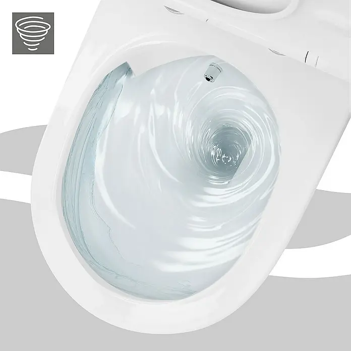 LuxeBath Wand-WC lang 54cm Weiß Bidet-Funktion Nano Beschichtung - Weiß - Ein detailreiches Bild einer Toilette mit Wirbelspülung, das die Effizienz und das moderne Design des Sanitärprodukts hervorhebt.