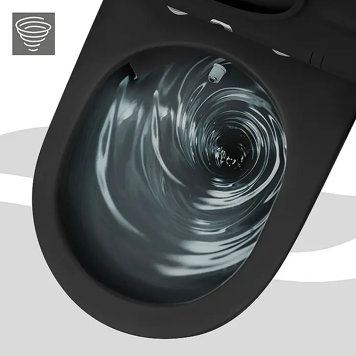LuxeBath Wand-WC lang 54cm Schwarz Bidet-Funktion Tornadospülung Softclose - Schwarz - Nahaufnahme einer schwarzen Toilette mit spiralförmigem Spülmuster für effiziente Reinigung. Modernes Design trifft auf innovative Technologie.