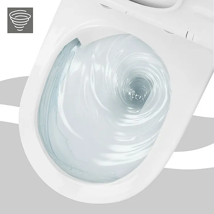 LuxeBath Wand-WC lang 54cm Weiß Nano Beschichtung Tornadospülung - Weiß - Bild einer Toilette mit Wirbelspülung, die eine effiziente und gründliche Reinigung demonstriert. Das moderne Design passt gut in jedes Badezimmer.