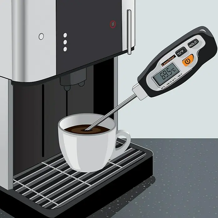 Laserliner Temperaturmessgerät Thermotester - Messbereich: -40 °C bis +250 °C - Eine Lasliner-Thermometer-Messung zeigt 69,5 °C in einer Tasse Kaffee, die unter einem modernen Kaffeeautomaten steht.
