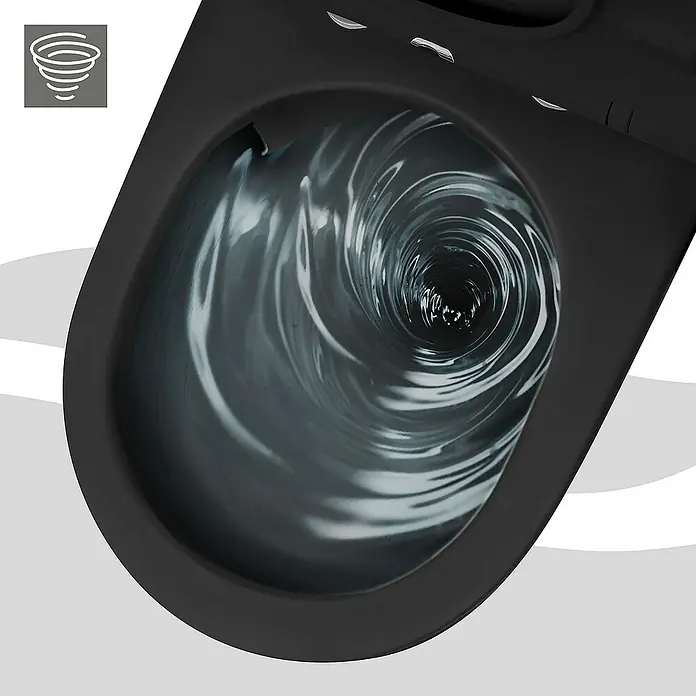 LuxeBath Wand-WC lang 54cm Schwarz Nano Beschichtung Tornadospülung - Schwarz - Nahaufnahme einer schwarzen Toilette mit einem wirbelnden Wasserstrahl, der die Effizienz des Spülvorgangs hervorhebt.