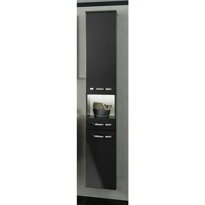 Camargue Star Hochschrank - 30,4 x 32,5 x 181,6 cm, Grafit, DIN Anschlag: Links - Schwarzer Badezimmerschrank mit mehreren Fächern und chromfarbenen Griffen. Der Schrank bietet viel Stauraum und sieht modern aus.