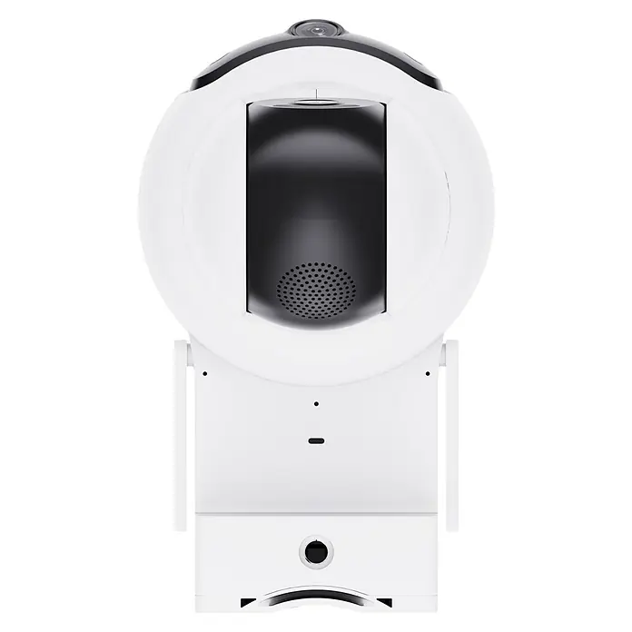 EZVIZ Überwachungskamera H90 2K WIFI 2880x1620 - Webcam - Weiß, Erfassungsreichweite: 30 m - Nahaufnahme einer weißen Überwachungskamera mit einem runden Kopf und einem schwarzen Objektiv, ideal zur Überwachung von Innenräumen.