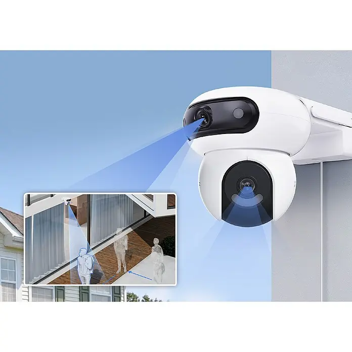 EZVIZ Überwachungskamera H90 2K WIFI 2880x1620 - Webcam - Weiß, Erfassungsreichweite: 30 m - Diese Abbildung zeigt eine kabellose Sicherheitskamera für den Außenbereich mit Schwenk- und Neigefunktion und zwei Objektiven.