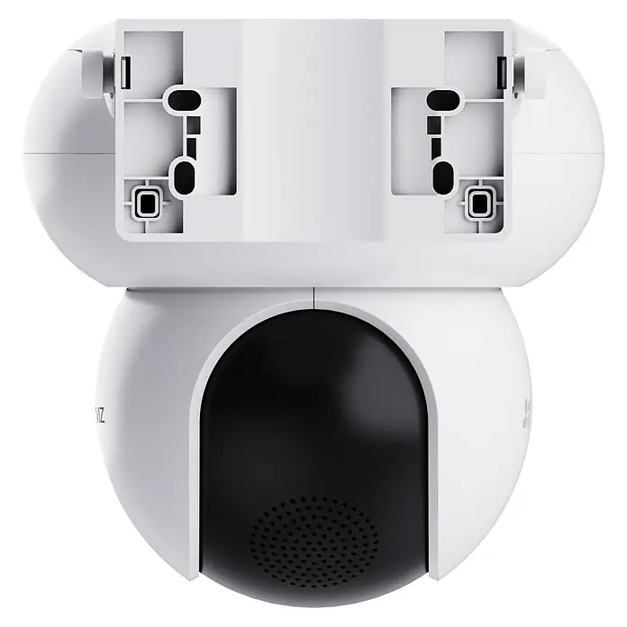 EZVIZ Überwachungskamera H90 2K WIFI 2880x1620 - Webcam - Weiß, Erfassungsreichweite: 30 m - Bild einer weißen kabellosen Überwachungskamera, die auf einer ebenen Fläche steht und einen schwarzen Lautsprecher hat.