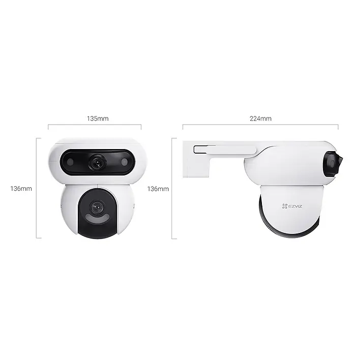 EZVIZ Überwachungskamera H90 2K WIFI 2880x1620 - Webcam - Weiß, Erfassungsreichweite: 30 m - Abmessungen der EZVIZ Schwenk-Neige-Sicherheitskamera, mit einer Höhe von 136 mm und einer Länge von 224 mm für umfassende Überwachung.