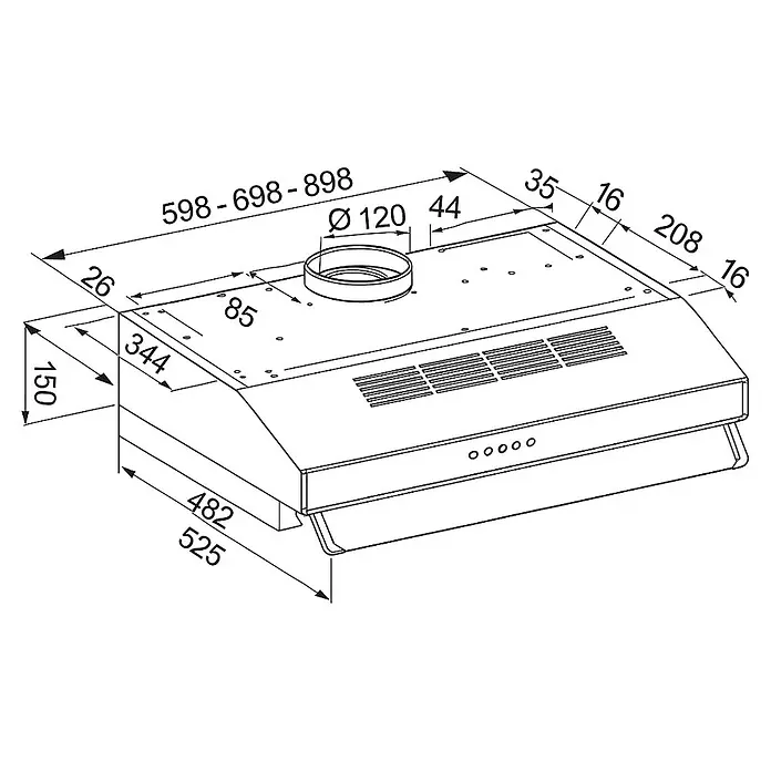 Mepamsa Campana integrable Modena - Ancho: 60 cm, 380 m³/h, Blanco - Un dibujo esquemático de una campana extractora con dimensiones, que ilustra el tamaño y la forma del aparato.
