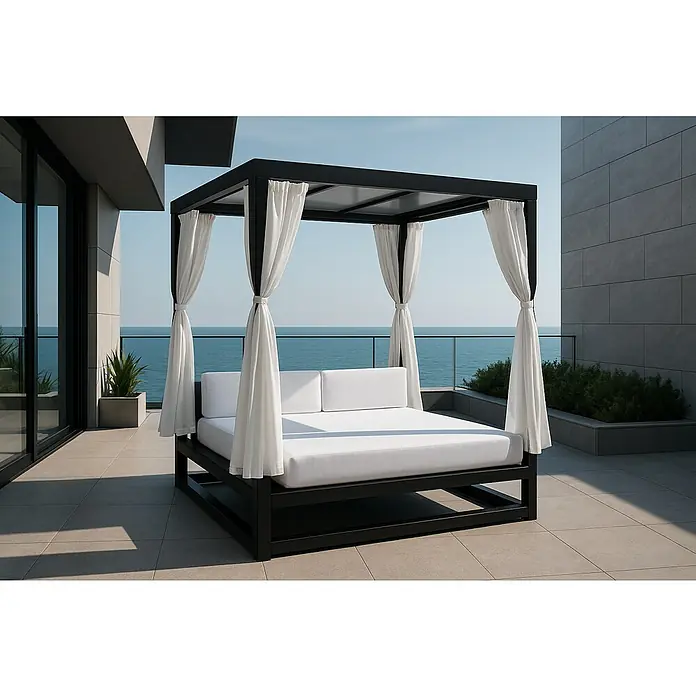 Sunfun Cama exterior Regis - L x An x Al: 200 x 200 x 200 cm, Aluminio/Poliéster - Elegante lounge de exterior con dosel y cortinas blancas. El lujoso mueble ofrece relajación al aire libre con vistas al mar.