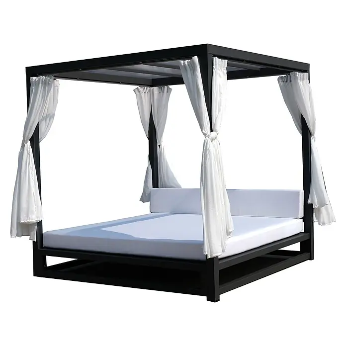 Sunfun Cama exterior Regis - L x An x Al: 200 x 200 x 200 cm, Aluminio/Poliéster - Lujosa cama de día para exteriores con dosel y cortinas blancas para relajarse al aire libre. Perfecto para descansar y disfrutar del verano.