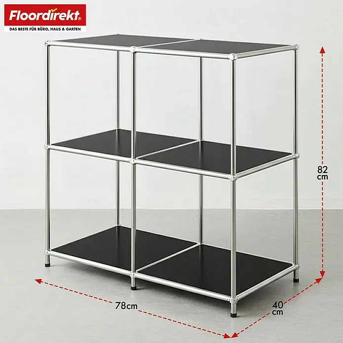 Floordirekt Metallregal Concept Epure MK-027 - 78 x 40 x 82 cm Schwarz - H x B x T: 82 x 78 x 40 cm, Anzahl Böden: 3 Stk., Schrauben, Schwarz - Produktabbildung eines Regals mit schwarzen Böden und silbernem Rahmen. Die Maße sind 82cm hoch, 78cm breit und 40cm tief.