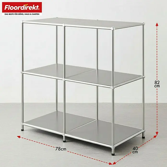 Floordirekt Metallregal Concept Epure MK-027 - 78 x 40 x 82 cm Grau - H x B x T: 82 x 78 x 40 cm, Anzahl Böden: 3 Stk., Schrauben, Grau - Das Bild zeigt ein silbernes Regal mit drei Fächern und den Maßen 82 x 78 x 40 cm. Es ist ein schlichtes, modernes Möbelstück.