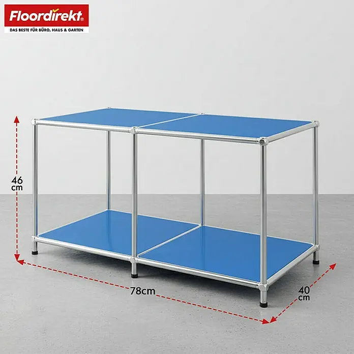 Floordirekt Metallregal Concept Epure MK-016 - 78 x 40 x 46 cm Blau - Anzahl Böden: 2 Stk., Schrauben, Blau - Abbildung eines blauen, modularen Regalsystems von Floordirekt mit den Maßen 78x40x46 cm, ideal für Büro und Garten.