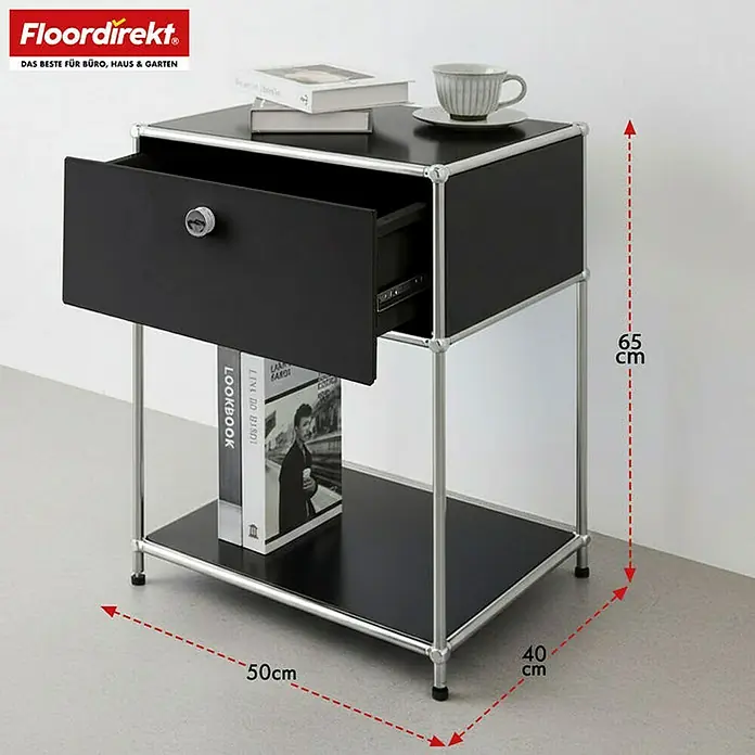 Floordirekt Metallregal Concept Epure MK-139 - 50 x 40 x 65 cm Schwarz - Anzahl Böden: 3 Stk., Schrauben, Schwarz - Das Bild zeigt einen eleganten schwarzen Nachttisch mit Schublade und den Maßen 65x50x40 cm, ideal für Büro, Haus und Garten.