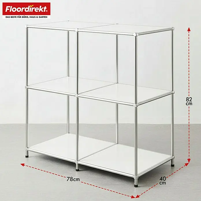 Floordirekt Metallregal Concept Epure MK-027 - 78 x 40 x 82 cm Weiß - Anzahl Böden: 3 Stk., Schrauben, Weiß - Abbildung des FloorDirekt Regalsystems, bestehend aus einem Regal mit drei Ebenen, mit Maßangaben (Höhe 82 cm, Breite 78 cm, Tiefe 40 cm).