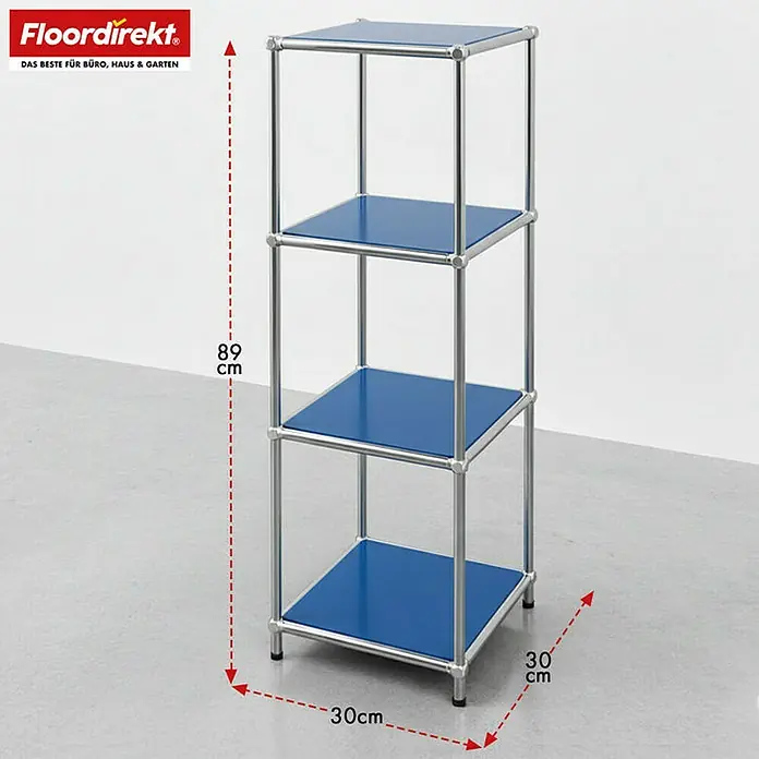 Floordirekt Metallregal Concept Epure MK-005 - 30 x 30 x 89 cm Blau - H x B x T: 89 x 30 x 30 cm, Anzahl Böden: 4 Stk., Schrauben, Blau - Ein blaues, dreistöckiges Regal mit silberfarbenem Gestell und den Maßen 89 cm Höhe und 30 x 30 cm Grundfläche.
