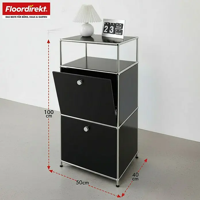 Floordirekt Metallregal Concept Epure MK-120 - 50 x 40 x 100 cm Schwarz - H x B x T: 100 x 50 x 40 cm, Anzahl Böden: 4 Stk., Schrauben, Schwarz - Das Bild zeigt ein schwarzes Regal mit silbernen Details, bestehend aus zwei Fächern und einer Ablagefläche, inklusive Maßangaben.