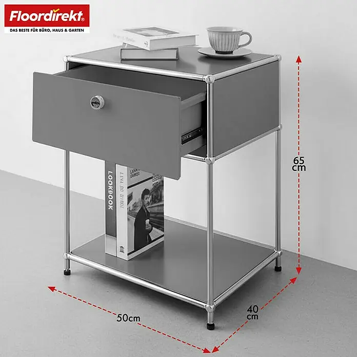 Floordirekt Metallregal Concept Epure MK-139 - 50 x 40 x 65 cm Grau - H x B x T: 65 x 50 x 40 cm, Anzahl Böden: 3 Stk., Schrauben, Grau - Grauer Nachttisch mit Schublade, Bücherablage und den Maßen 65 x 50 x 40 cm. Ideal für Büro, Haus und Garten.