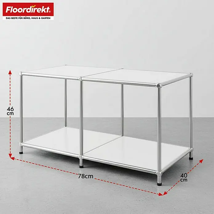 Floordirekt Metallregal Concept Epure MK-016 - 78 x 40 x 46 cm Weiß - H x B x T: 46 x 78 x 40 cm, Anzahl Böden: 2 Stk., Schrauben, Weiß - Produktabbildung eines weißen, rechteckigen Regals mit silbernem Metallrahmen und den Maßen 78x40x46 cm.