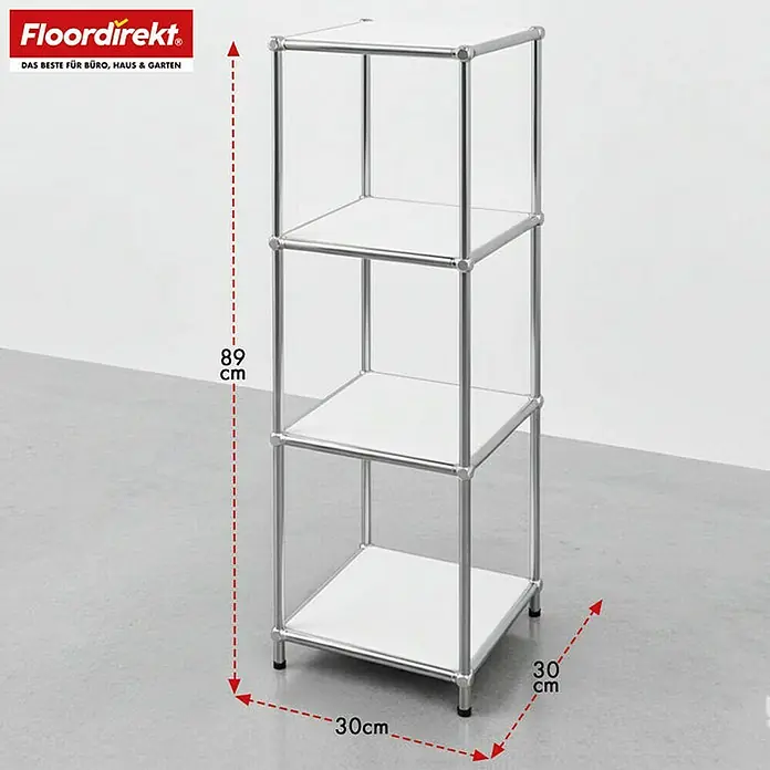 Floordirekt Metallregal Concept Epure MK-005 - 30 x 30 x 89 cm Weiß - H x B x T: 89 x 30 x 30 cm, Anzahl Böden: 4 Stk., Schrauben, Weiß - Produktbild eines 3-stöckigen, quadratischen Regals aus weißem Kunststoff mit silbernen Metallrohren. Die Maße sind 89 x 30 x 30 cm.