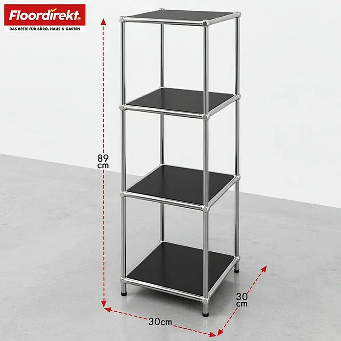 Floordirekt Metallregal Concept Epure MK-005 - 30 x 30 x 89 cm Schwarz - H x B x T: 89 x 30 x 30 cm, Anzahl Böden: 4 Stk., Schrauben, Schwarz - Produktfoto von einem schwarzen, rechteckigen Standregal mit Chromgestell und vier Ebenen, die übereinander gestapelt sind.