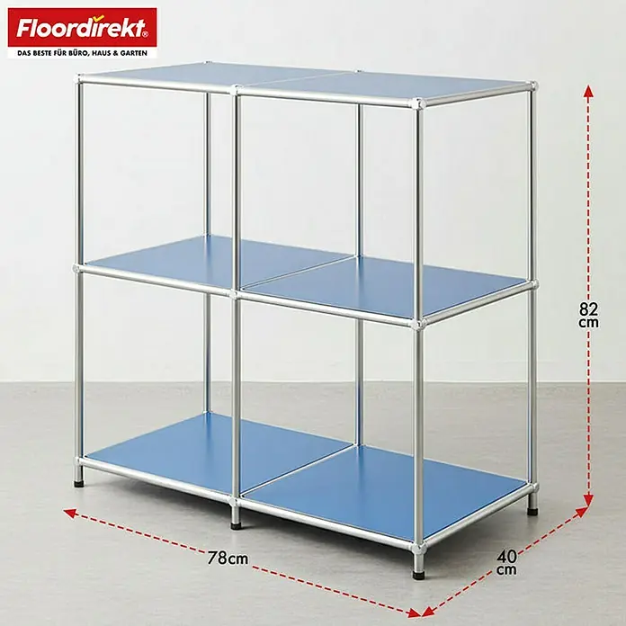 Floordirekt Metallregal Concept Epure MK-027 - 78 x 40 x 82 cm Blau - H x B x T: 82 x 78 x 40 cm, Anzahl Böden: 3 Stk., Schrauben, Blau - Abgebildetes blaues Regalsystem mit den Maßen 82 cm Höhe, 78 cm Breite und 40 cm Tiefe für Büro, Haus oder Garten.