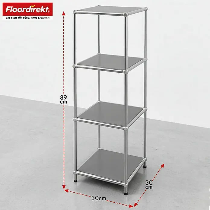 Floordirekt Metallregal Concept Epure MK-005 - 30 x 30 x 89 cm Grau - H x B x T: 89 x 30 x 30 cm, Anzahl Böden: 4 Stk., Schrauben, Grau - Das Bild zeigt ein modernes, silberfarbenes Regal mit drei Ablageflächen, ideal für Büro oder Zuhause. Mit den Maßen 89 cm Höhe und 30 x 30 cm Breite.