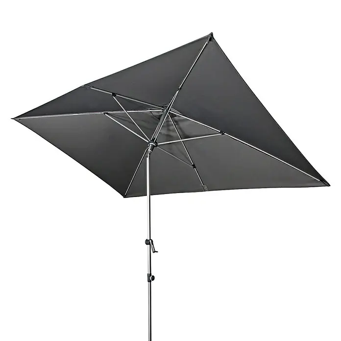 Doppler Expert Marktschirm Auto Tilt - Anthrazit, Bespannungsmaß (L x B): 300 x 200 cm - Hier ist ein rechteckiger Sonnenschirm in Anthrazitgrau mit einem silberfarbenen Mast und einem Kurbelmechanismus zum einfachen Öffnen und Schließen.