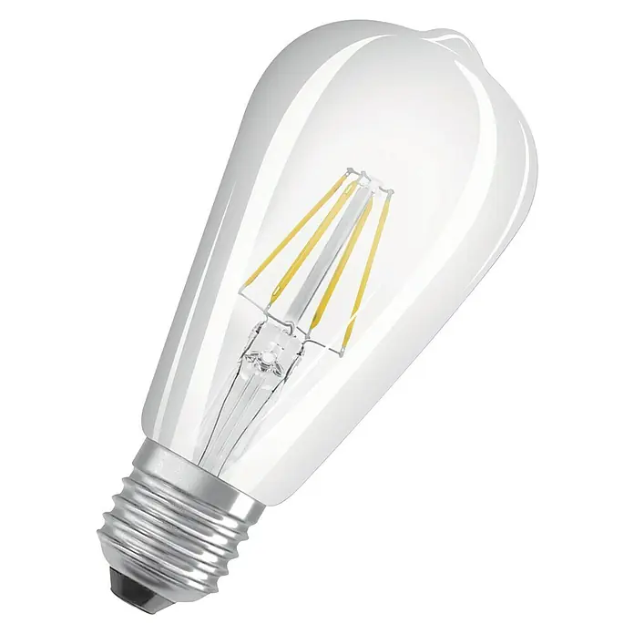 Osram LED-Lampe Vintage Glühlampenform E27 - E27, Nicht Dimmbar, Warmweiß, 806 lm, 6 W - Nahaufnahme einer klaren LED-Glühbirne mit sichtbaren Glühfäden.