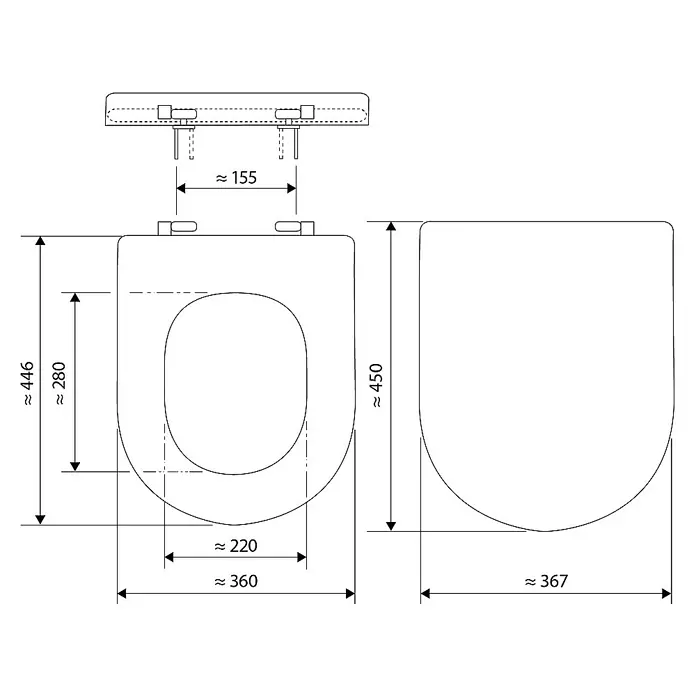 Calmwaters WC-Sitz Renova Nr. 1 - Duroplast, Weiß, Mit Absenkautomatik - Schemazeichnung eines Toilettensitzes mit Bemaßungen für Installation und Design.