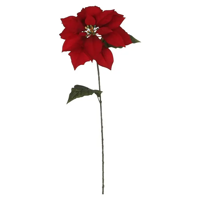 Kunstblume Poinsettia - Höhe: 65 cm, Blütenfarbe: Rot, Grün - Ein roter Weihnachtsstern mit einem einzelnen Stiel und einem Blatt, ideal für festliche Dekorationen oder als Geschenk.