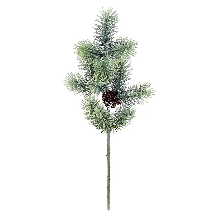 Kunstzweig Tanne Kiefer mit Zapfen - 44 cm, Grün, Kunststoff - Ein einzelner, künstlicher Tannenzweig mit einem kleinen Zapfen in der Mitte, ideal für Weihnachtsdekorationen und festliche Gestecke.