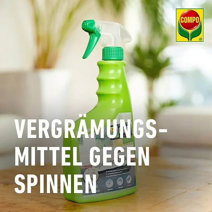 Compo Anti-Spinnen-Spray Spinnen-Raus - 750 ml - Produktfoto: Compo Spinnen-Vergrämungsmittel in einer grünen Sprühflasche, ideal um Spinnen zu vertreiben.