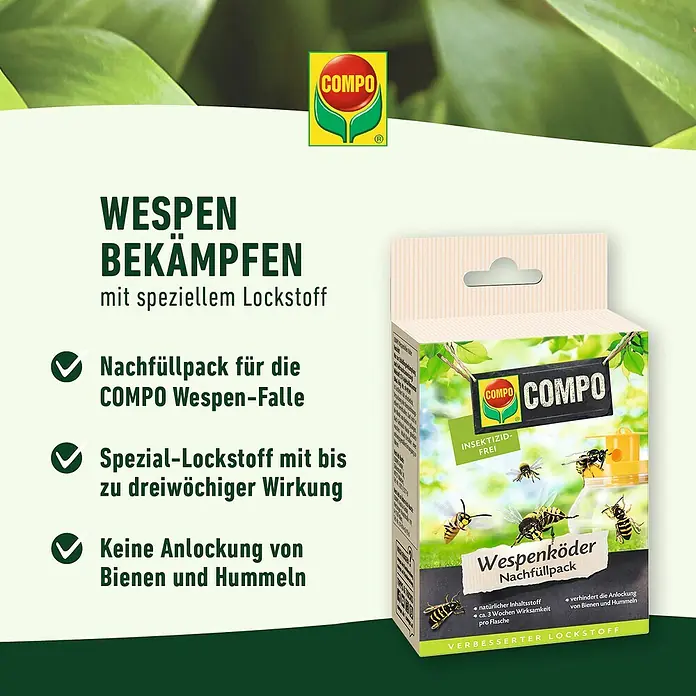 Compo Wespenfallen-Lockstoff Nachfüllpack N - Passend für: Compo Wespenfalle N - Produktbild: COMPO Wespenköder Nachfüllpack zur Wespenbekämpfung mit speziellem Lockstoff, insektizidfrei und ohne Bienen anzulocken.