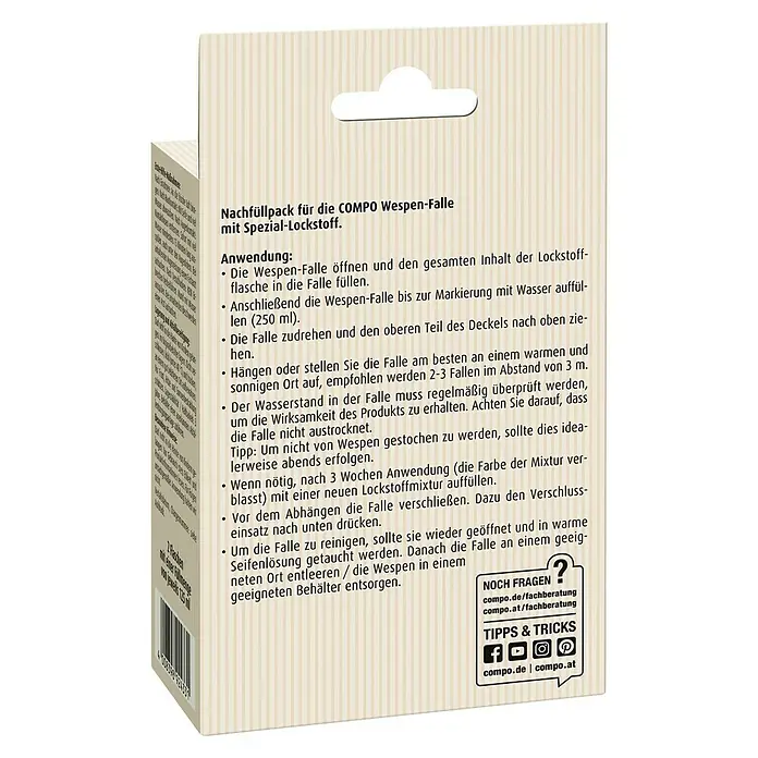 Compo Wespenfallen-Lockstoff Nachfüllpack N - Passend für: Compo Wespenfalle N - Nachfüllpackung für die COMPO Wespen-Falle mit speziellem Lockstoff. Ideal, um Ihre Wespenfalle wiederaufzufüllen und einsatzbereit zu machen.