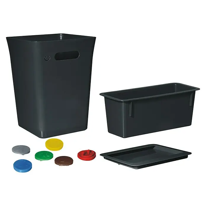 Standard-Mülleimer Set Avedore - 15 l, Kunststoff, Schwarz - Dieses Bild zeigt einen grauen Treteimer mit farbigen Füßen, einen Einsatz und eine Abtropfschale.